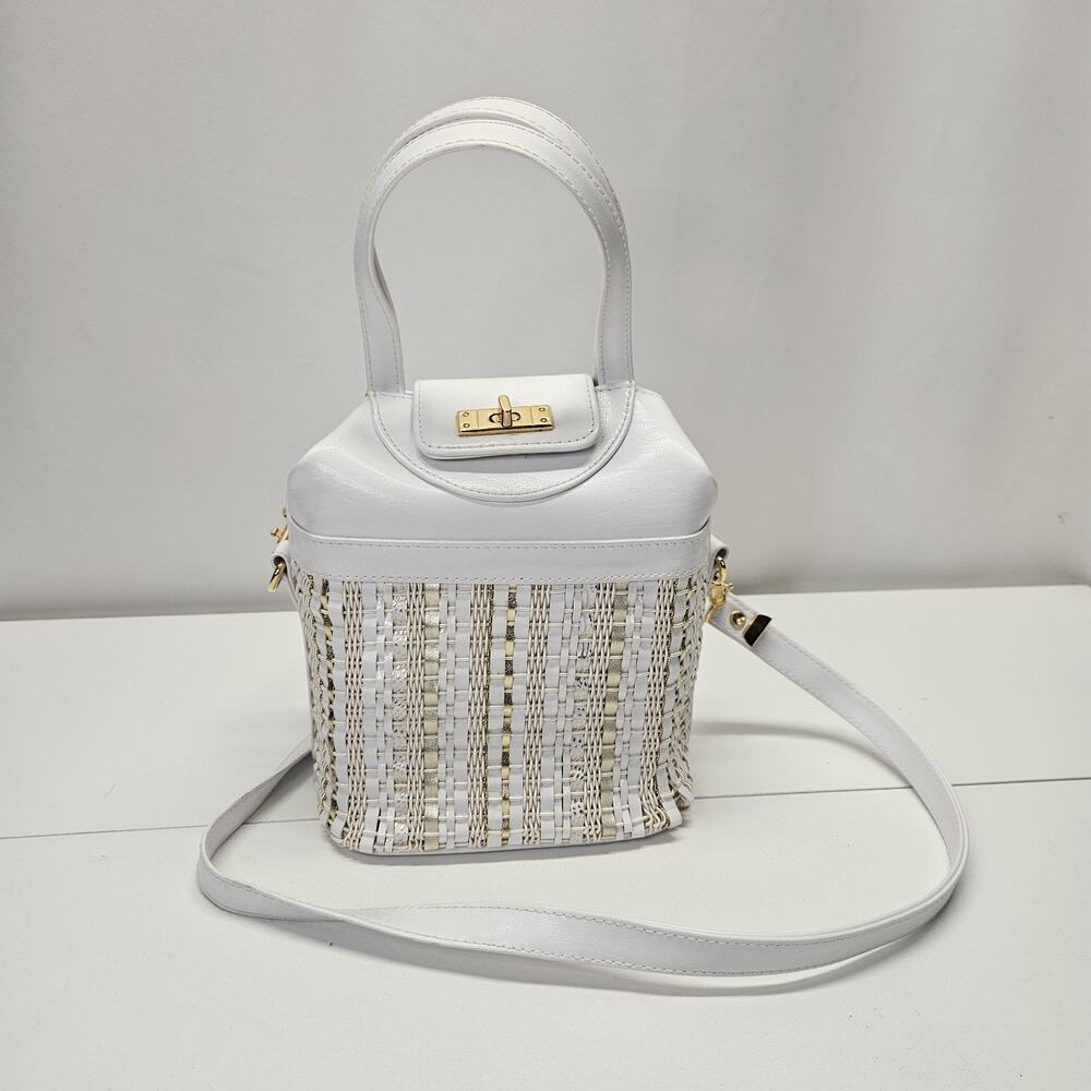 Vintage 80's Warren Reed White Gold Woven Faux Leather Handbag Crossbody Purse